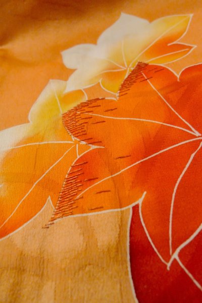 Photo23: O1105B Antique Japanese kimono Pale Orange FURISODE long-sleeved for women / Silk. Peony (Grade C) (23)