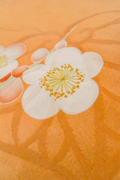 Photo25: O1105B Antique Japanese kimono Pale Orange FURISODE long-sleeved for women / Silk. Peony (Grade C) (25)