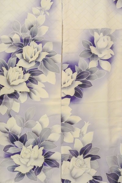 Photo6: O1126B Used Japanese kimono White FURISODE long-sleeved for women / Silk. Rose (Grade B) (6)