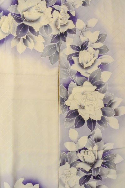 Photo7: O1126B Used Japanese kimono White FURISODE long-sleeved for women / Silk. Rose (Grade B) (7)