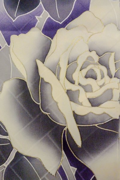 Photo12: O1126B Used Japanese kimono White FURISODE long-sleeved for women / Silk. Rose (Grade B) (12)