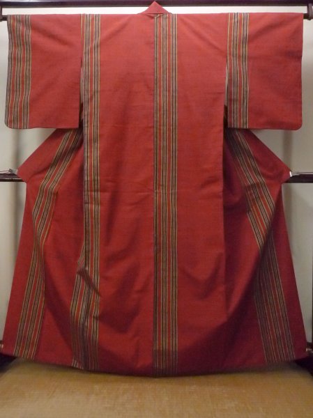 Photo1: Mint O1126H Vintage Japanese kimono Vivid Vermilion TSUMUGI pongee for women / Silk. Stripes (Grade A) (1)