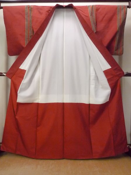 Photo2: Mint O1126H Vintage Japanese kimono Vivid Vermilion TSUMUGI pongee for women / Silk. Stripes (Grade A) (2)