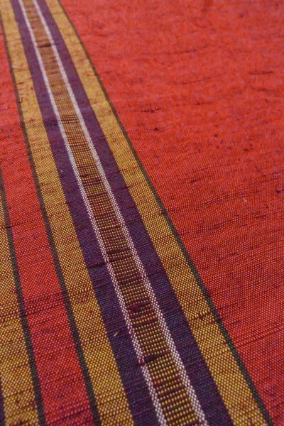 Photo9: Mint O1126H Vintage Japanese kimono Vivid Vermilion TSUMUGI pongee for women / Silk. Stripes (Grade A) (9)