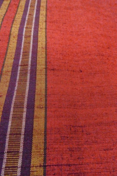 Photo10: Mint O1126H Vintage Japanese kimono Vivid Vermilion TSUMUGI pongee for women / Silk. Stripes (Grade A) (10)