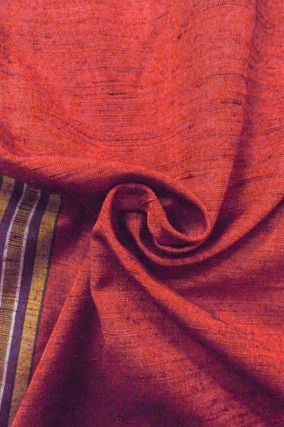 Photo11: Mint O1126H Vintage Japanese kimono Vivid Vermilion TSUMUGI pongee for women / Silk. Stripes (Grade A) (11)