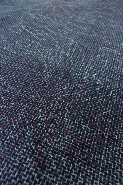 Photo8: O1126K Used Japanese kimono Pale Navy Blue TSUMUGI pongee for women / Silk. Chrysanthemum (Grade B) (8)