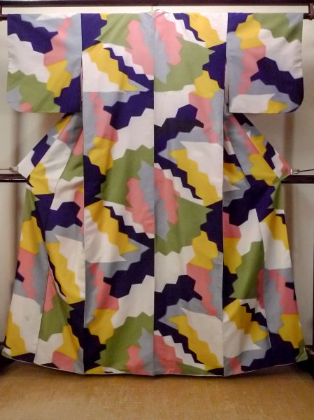 Photo1: O1126M Antique Japanese kimono Multi Color ORI woven for women / Silk. Abstract pattern (Grade C) (1)