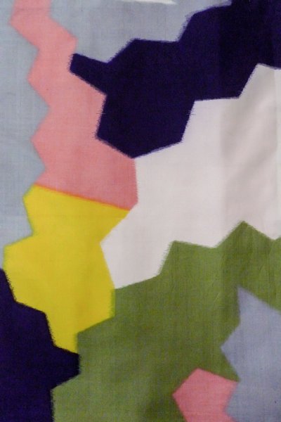 Photo4: O1126M Antique Japanese kimono Multi Color ORI woven for women / Silk. Abstract pattern (Grade C) (4)