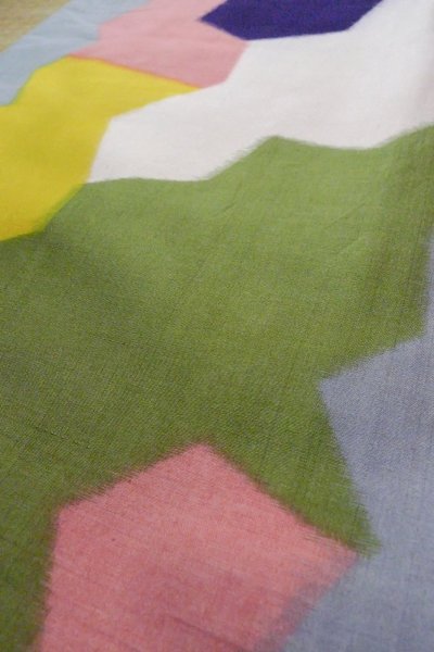 Photo8: O1126M Antique Japanese kimono Multi Color ORI woven for women / Silk. Abstract pattern (Grade C) (8)
