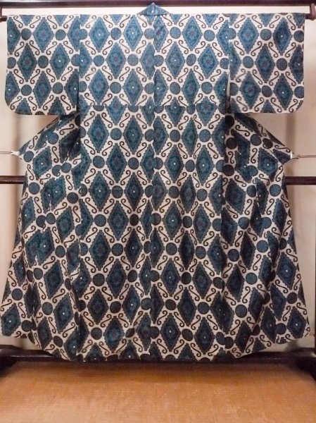 Photo1: O1126N Vintage Japanese kimono Dark Green ORI woven for women / Silk. Flower (Grade B) (1)