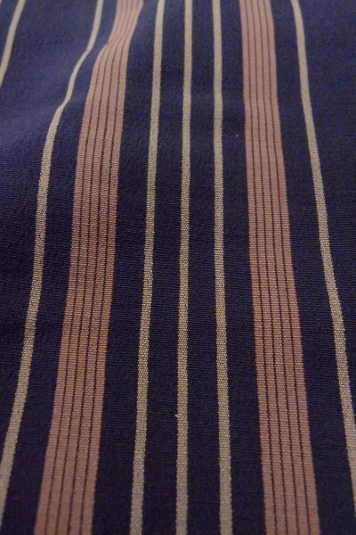 Photo9: O1126Q Antique Japanese kimono Indigo Blue ORI woven for women / Silk. Stripes (Grade D) (9)