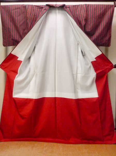 Photo2: O1126R Vintage Japanese kimono Dark Red TSUMUGI pongee for women / Silk. Stripes (Grade B) (2)