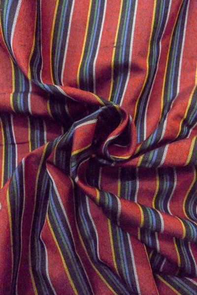 Photo12: O1126R Vintage Japanese kimono Dark Red TSUMUGI pongee for women / Silk. Stripes (Grade B) (12)