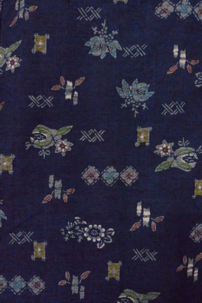 Photo3: Mint O1126T Used Japanese kimono Indigo Blue TSUMUGI pongee for women / Silk. Flower (Grade A) (3)