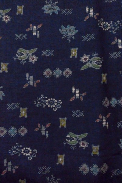 Photo4: Mint O1126T Used Japanese kimono Indigo Blue TSUMUGI pongee for women / Silk. Flower (Grade A) (4)