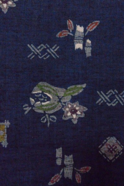 Photo5: Mint O1126T Used Japanese kimono Indigo Blue TSUMUGI pongee for women / Silk. Flower (Grade A) (5)