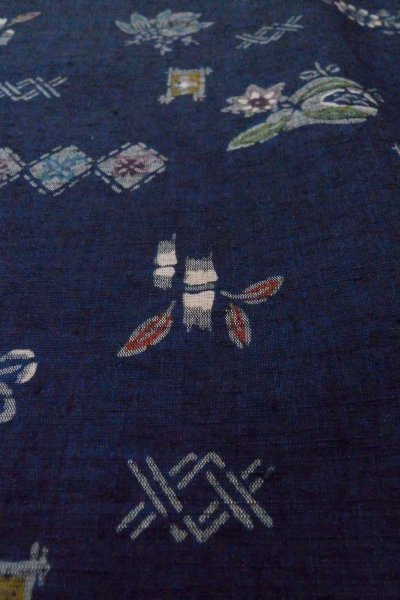 Photo9: Mint O1126T Used Japanese kimono Indigo Blue TSUMUGI pongee for women / Silk. Flower (Grade A) (9)