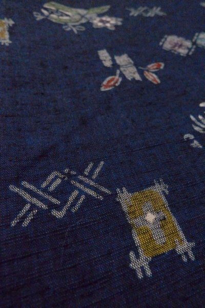 Photo10: Mint O1126T Used Japanese kimono Indigo Blue TSUMUGI pongee for women / Silk. Flower (Grade A) (10)
