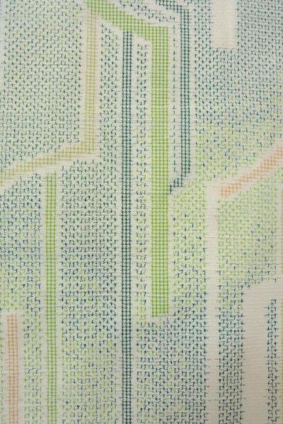 Photo6: O1126U Vintage Japanese kimono Pale Yellowish Green TSUMUGI pongee for women / Silk. Cross (Grade B) (6)