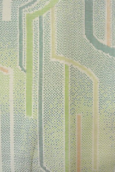 Photo7: O1126U Vintage Japanese kimono Pale Yellowish Green TSUMUGI pongee for women / Silk. Cross (Grade B) (7)