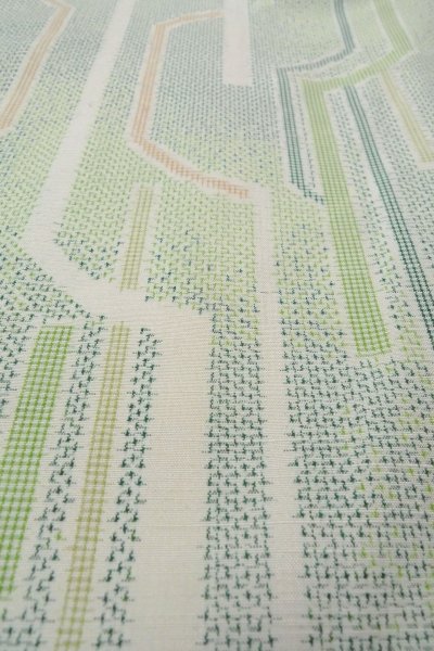 Photo9: O1126U Vintage Japanese kimono Pale Yellowish Green TSUMUGI pongee for women / Silk. Cross (Grade B) (9)