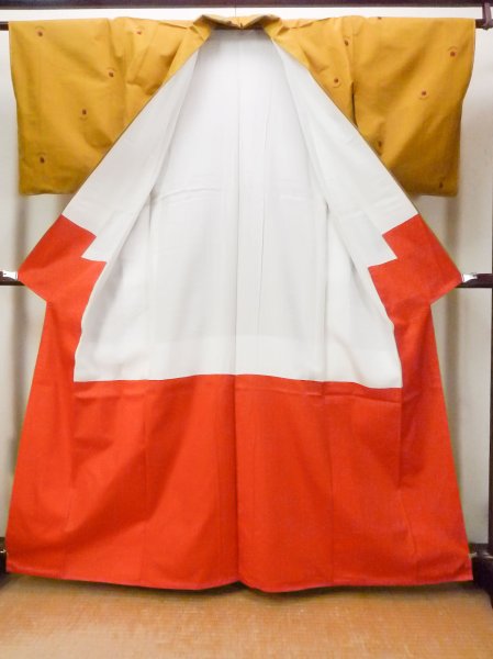 Photo2: Mint O1126X Used Japanese kimono Dark Yellow TSUMUGI pongee for women / Silk. Flower (Grade A) (2)