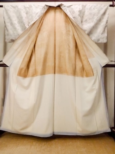 Photo2: O1126Y Vintage Japanese kimono Off White TSUMUGI pongee for women / Silk. Cross (Grade B) (2)