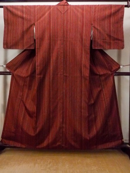 Photo1: Mint O1127A Vintage Japanese kimono Brown TSUMUGI pongee for women / Silk. Stripes (Grade A) (1)