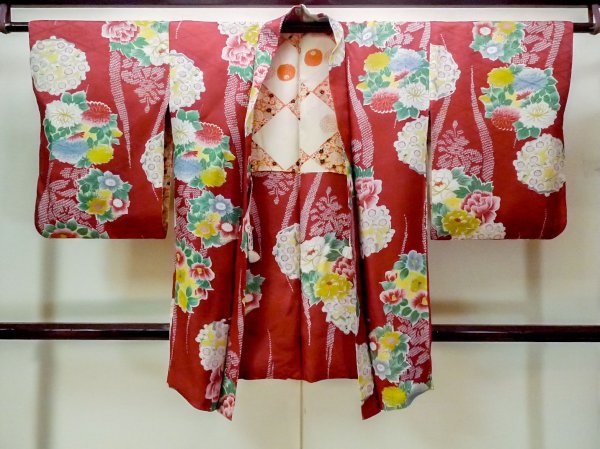 Photo1: O1205A Antique Japanese kimono Dark Red HAORI short jacket for women / Silk. Flower (Grade D) (1)