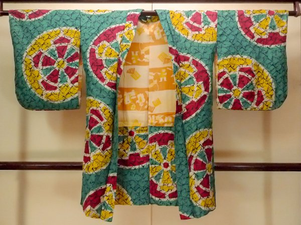 Photo1: O1205C Antique Japanese kimono Vivid Teal HAORI short jacket for women / Silk. Wheel, The thread is partially loose. (Grade D) (1)