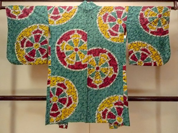 Photo2: O1205C Antique Japanese kimono Vivid Teal HAORI short jacket for women / Silk. Wheel, The thread is partially loose. (Grade D) (2)