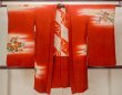 Photo1: O1205D Antique Japanese kimono Vivid Red HAORI short jacket for women / Silk. Chrysanthemum, Aging deterioration. The thread is partially loose. (Grade D) (1)