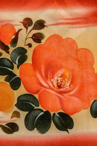 Photo6: O1205D Antique Japanese kimono Vivid Red HAORI short jacket for women / Silk. Chrysanthemum, Aging deterioration. The thread is partially loose. (Grade D) (6)