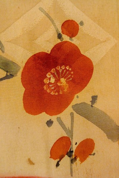 Photo10: O1205D Antique Japanese kimono Vivid Red HAORI short jacket for women / Silk. Chrysanthemum, Aging deterioration. The thread is partially loose. (Grade D) (10)