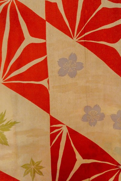 Photo16: O1205D Antique Japanese kimono Vivid Red HAORI short jacket for women / Silk. Chrysanthemum, Aging deterioration. The thread is partially loose. (Grade D) (16)