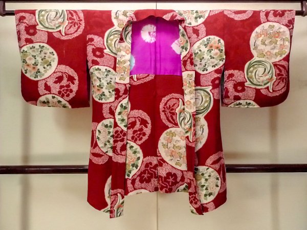 Photo1: O1205F Antique Japanese kimono Red HAORI short jacket for women / Silk. Peony (Grade C) (1)