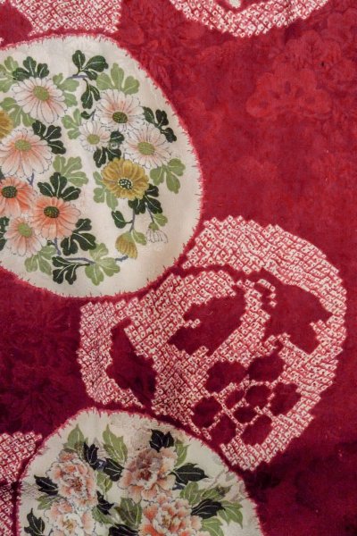 Photo4: O1205F Antique Japanese kimono Red HAORI short jacket for women / Silk. Peony (Grade C) (4)