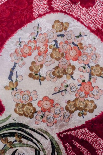 Photo5: O1205F Antique Japanese kimono Red HAORI short jacket for women / Silk. Peony (Grade C) (5)