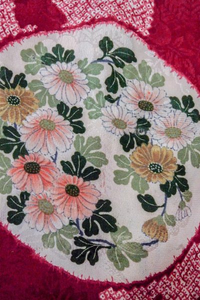 Photo7: O1205F Antique Japanese kimono Red HAORI short jacket for women / Silk. Peony (Grade C) (7)