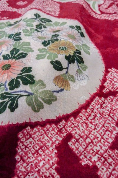 Photo9: O1205F Antique Japanese kimono Red HAORI short jacket for women / Silk. Peony (Grade C) (9)