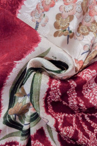 Photo11: O1205F Antique Japanese kimono Red HAORI short jacket for women / Silk. Peony (Grade C) (11)