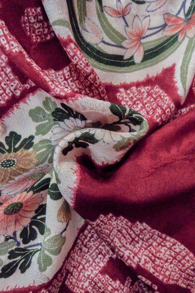 Photo12: O1205F Antique Japanese kimono Red HAORI short jacket for women / Silk. Peony (Grade C) (12)