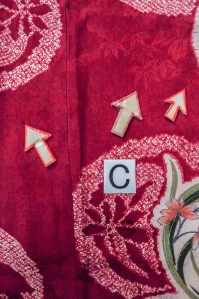 Photo18: O1205F Antique Japanese kimono Red HAORI short jacket for women / Silk. Peony (Grade C) (18)