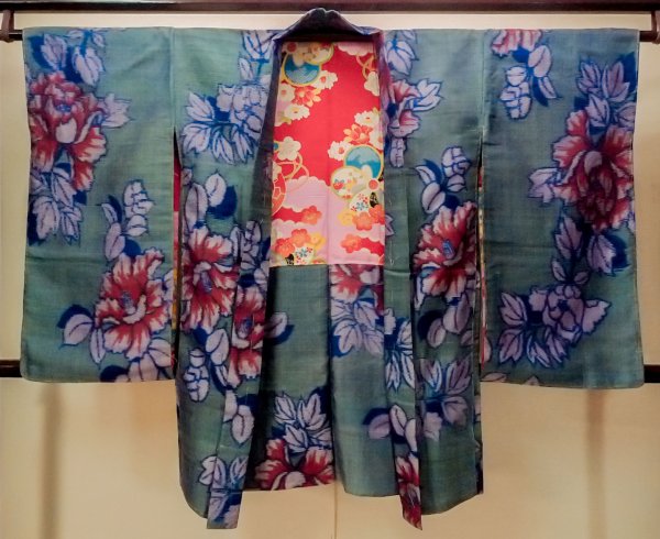 Photo1: Mint O1205H Antique Japanese kimono Dark Teal HAORI short jacket for women / Silk. Peony, Iridescent color (Grade A) (1)