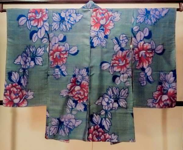 Photo2: Mint O1205H Antique Japanese kimono Dark Teal HAORI short jacket for women / Silk. Peony, Iridescent color (Grade A) (2)