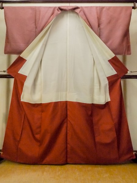 Photo2: Mint O1209A Vintage Japanese kimono Dark Red TSUMUGI pongee for women / Silk. Cross (Grade A) (2)