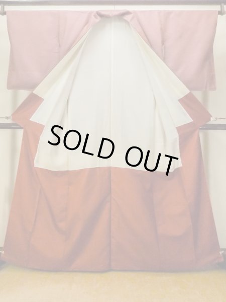 Photo3: Mint O1209A Vintage Japanese kimono Dark Red TSUMUGI pongee for women / Silk. Cross (Grade A) (3)