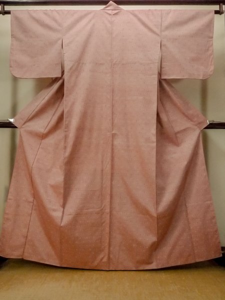 Photo1: Mint O1209H Vintage Japanese kimono Reddish Pink TSUMUGI pongee for women / Silk. Cross (Grade A) (1)