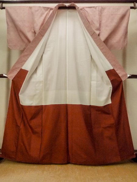 Photo2: Mint O1209H Vintage Japanese kimono Reddish Pink TSUMUGI pongee for women / Silk. Cross (Grade A) (2)
